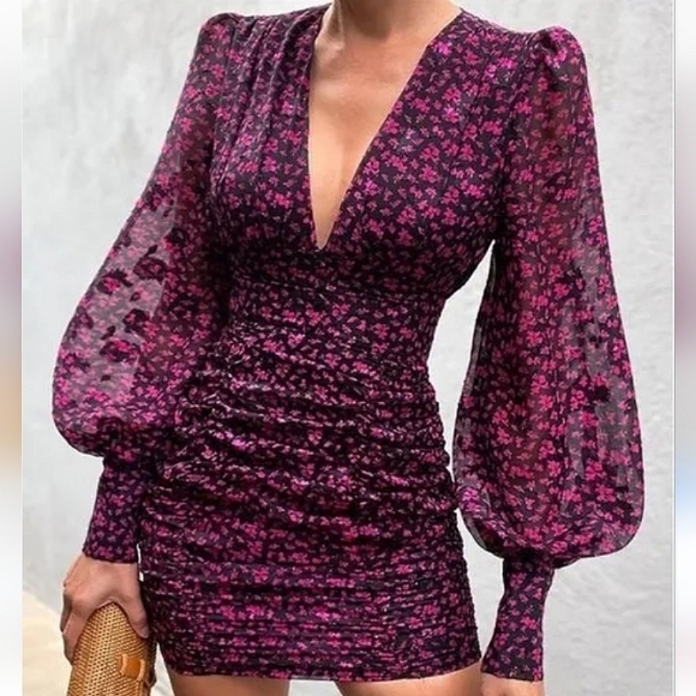 🆕️ RUNAWAY JAUS Black & Pink Floral Lantern Sleeve Maggie Mini Dress SIZE: M